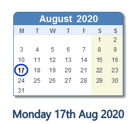 17 August 2020 calendar