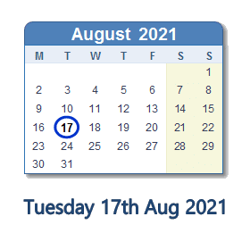 17 August 2021 calendar
