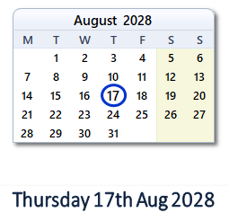 17 August 2028 calendar