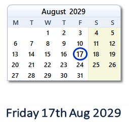 17 August 2029 calendar