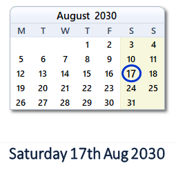 17 August 2030 calendar