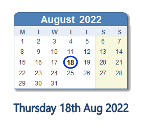 18 August 2022 calendar