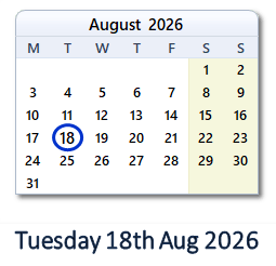 18 August 2026 calendar