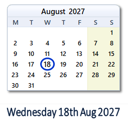 18 August 2027 calendar