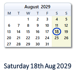 18 August 2029 calendar
