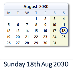 18 August 2030 calendar