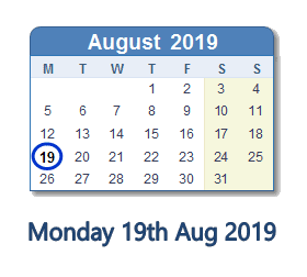 19 August 2019 calendar