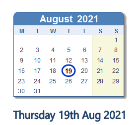 19 August 2021 calendar