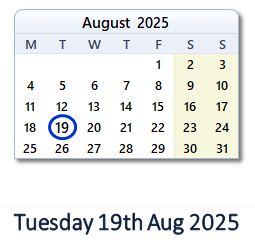 19 August 2025 calendar