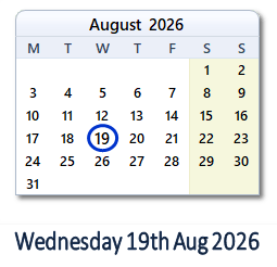 19 August 2026 calendar