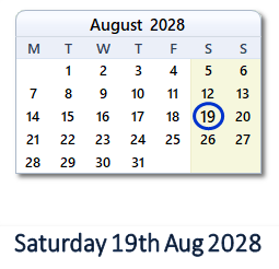 19 August 2028 calendar