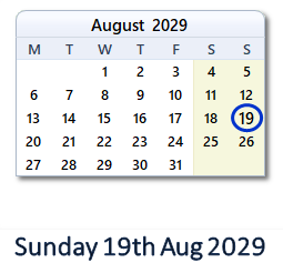 19 August 2029 calendar