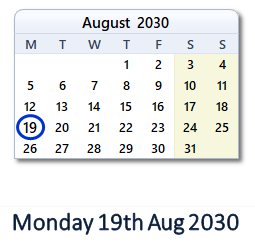 19 August 2030 calendar