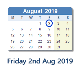 2 August 2019 calendar