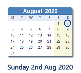 2 August 2020 calendar