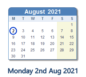 2 August 2021 calendar