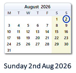 2 August 2026 calendar