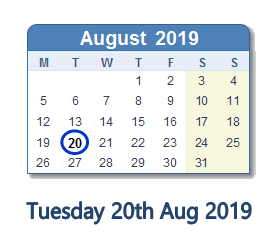 20 August 2019 calendar