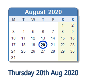 20 August 2020 calendar