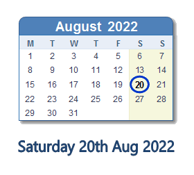 20 August 2022 calendar