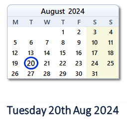 20 August 2024 calendar
