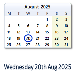 20 August 2025 calendar