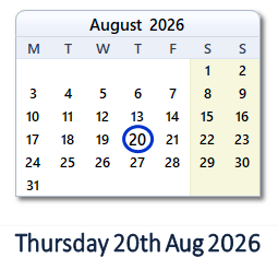 20 August 2026 calendar