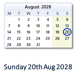 20 August 2028 calendar