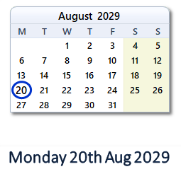 20 August 2029 calendar