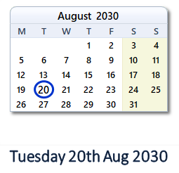 20 August 2030 calendar