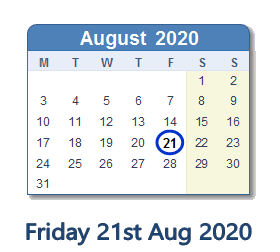 21 August 2020 calendar