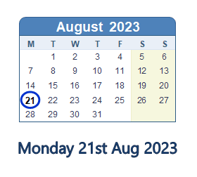 21 August 2023 calendar