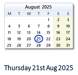 21 August 2025 calendar