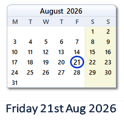 21 August 2026 calendar