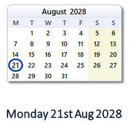 21 August 2028 calendar