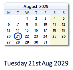 21 August 2029 calendar