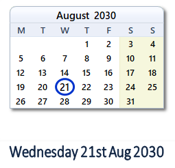 21 August 2030 calendar