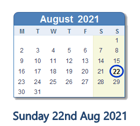 22 August 2021 calendar