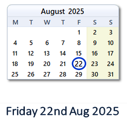 22 August 2025 calendar