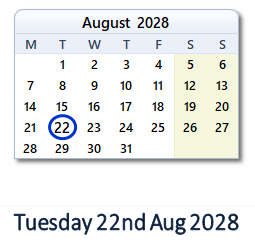 22 August 2028 calendar