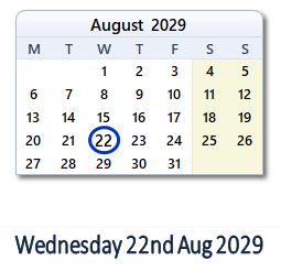 22 August 2029 calendar