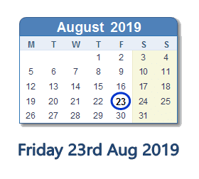 23 August 2019 calendar
