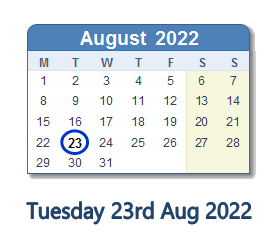 23 August 2022 calendar