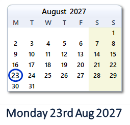 23 August 2027 calendar