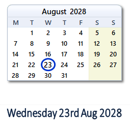23 August 2028 calendar