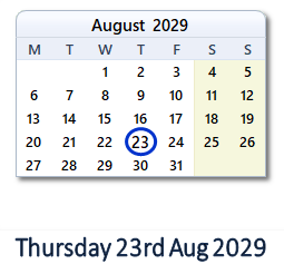 23 August 2029 calendar