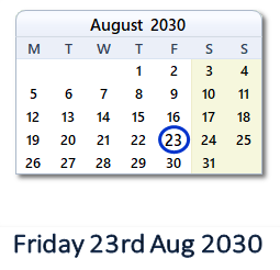 23 August 2030 calendar