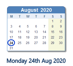 24 August 2020 calendar