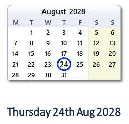 24 August 2028 calendar