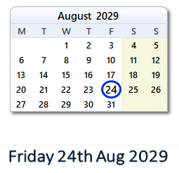 24 August 2029 calendar